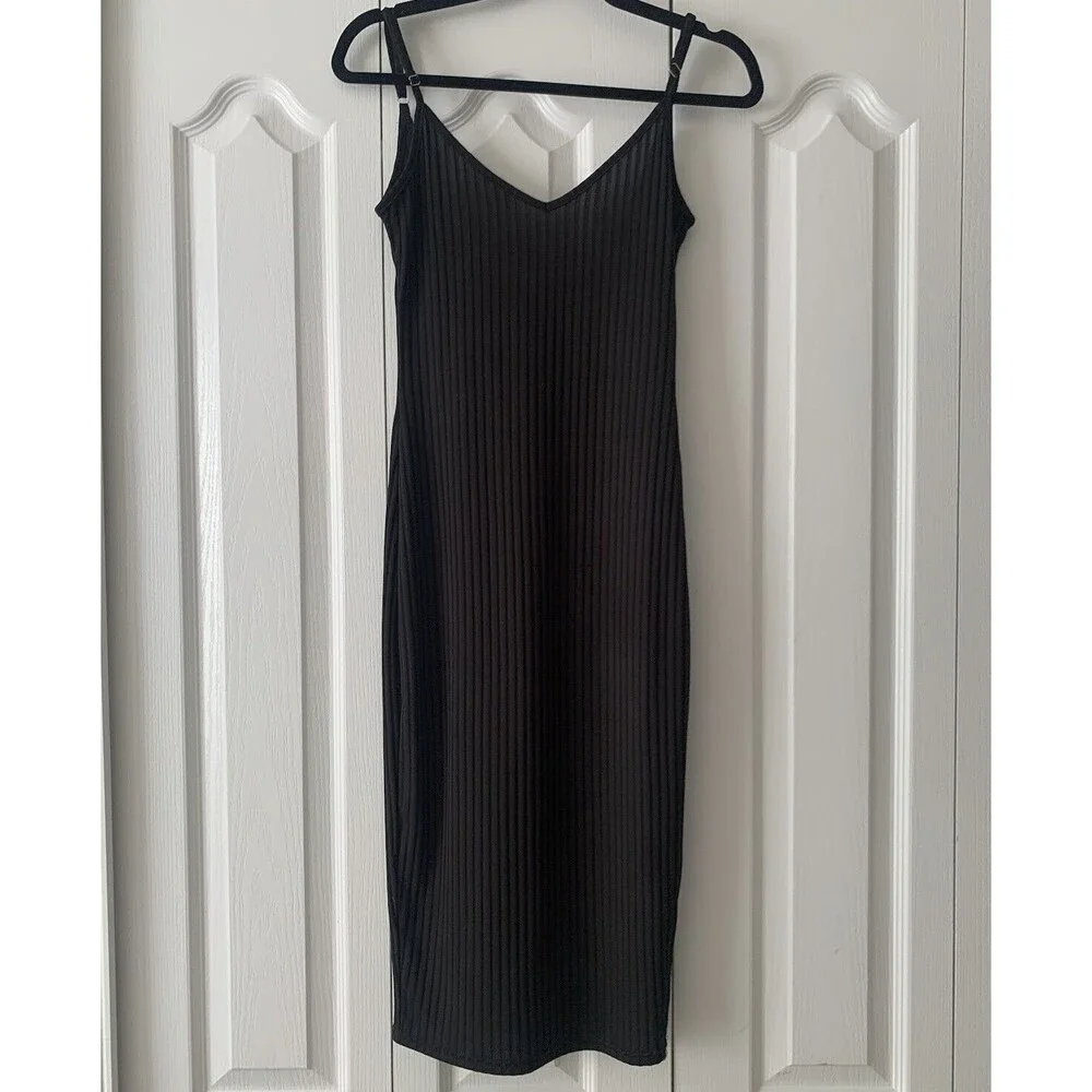 Shein Bodycon Dress Womens Small Black Ribbed Cami Spaghetti Strap Stretch Basic - Picture 2 of 11